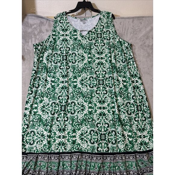 Catherines 3X Green White Sleeveless Dress Plus Size Boho Print Border Hem - Picture 4 of 10